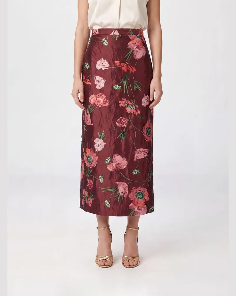 Erdem Geblümter Satin-Midi-Bleistiftrock mit hoher Taille Rot