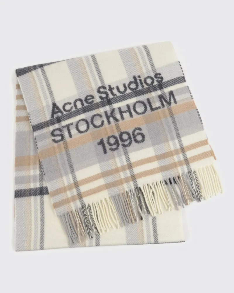 Acne Studios karierter Wollschal mit Jacquard-Logo und Fransensaum Weiß