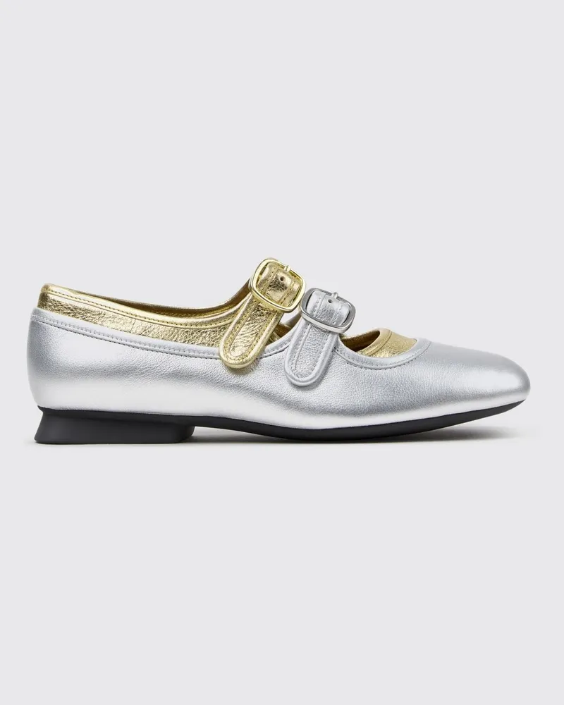 Camper Zweifarbige Casi Myra Mary-Jane-Ballerinas aus laminiertem Leder mit Doppelriemen Grau