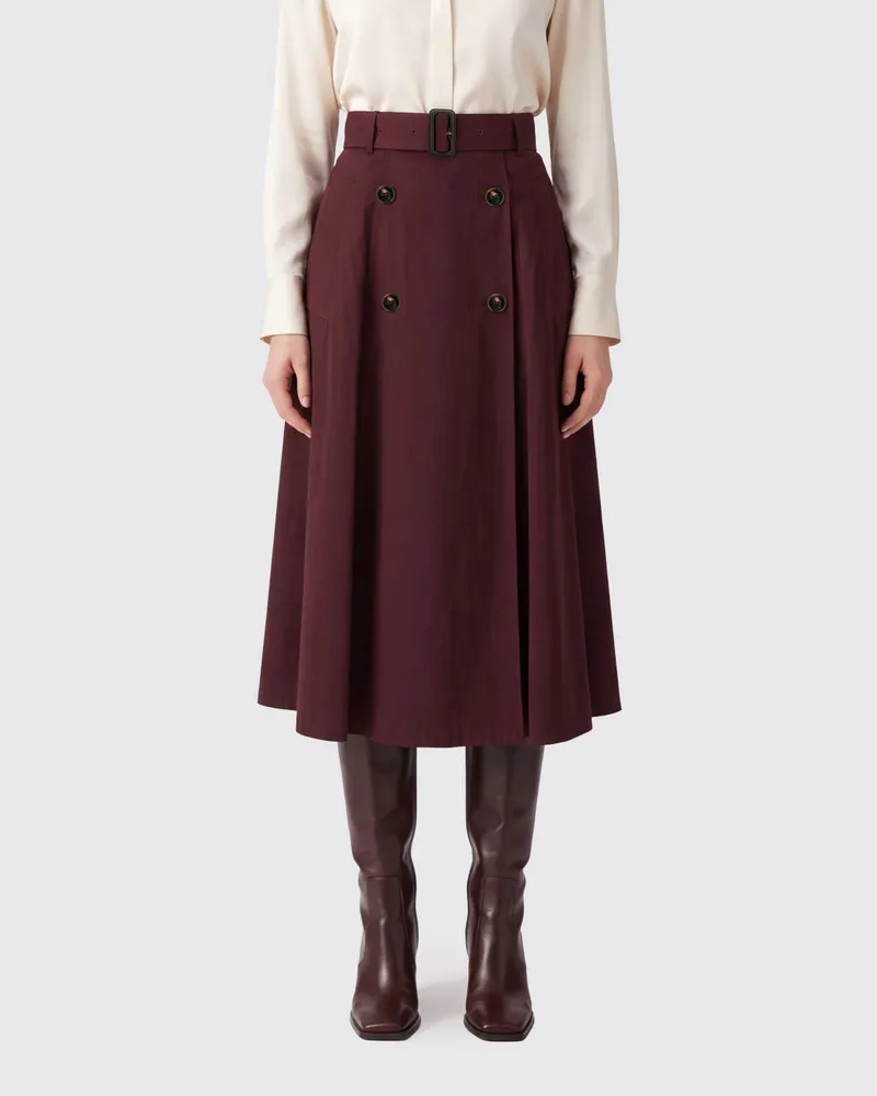 Burberry A-Linien-Midi-Rock aus Baumwolle mit hoher Taille und verstellbarem Gürtel Burgunderrot