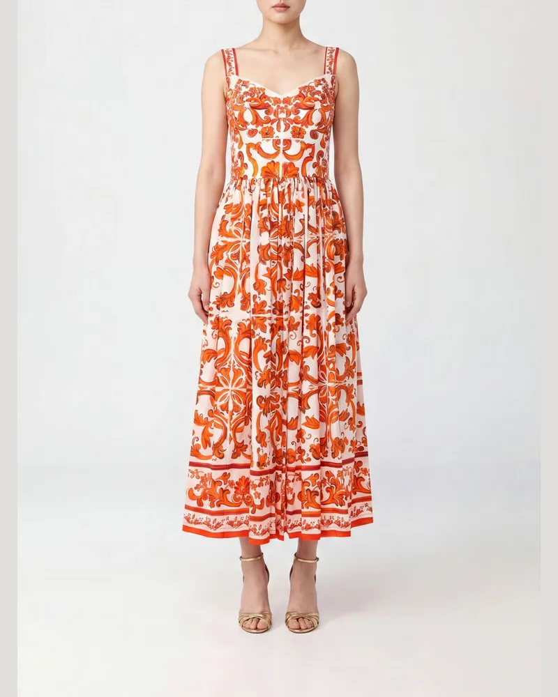 Dolce & Gabbana DOLCE  GABBANA Schulterfreies Midi-Kleid von Dolce & Gabbana aus Baumwolle mit Majolika-Print Orange