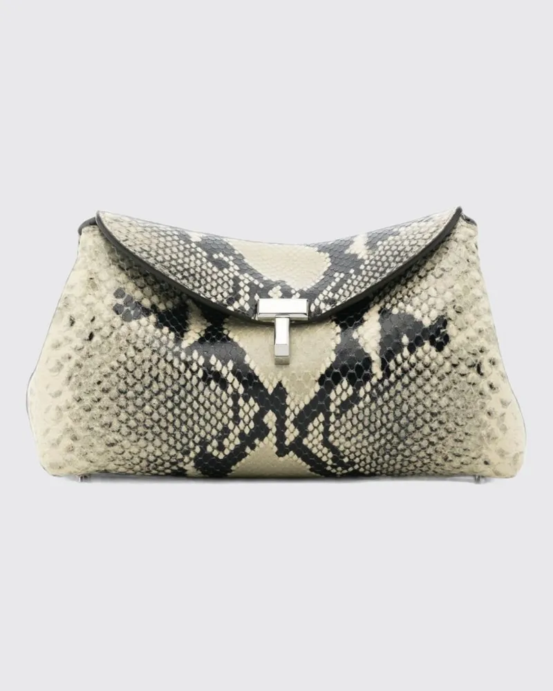 Totême T-Lock Mini-Handtasche aus Leder mit Python-Print und Einzelgriff Ecru