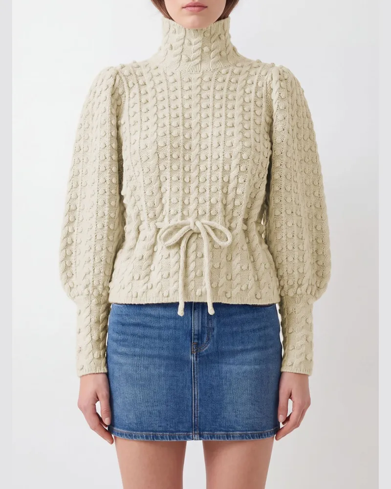 Zimmermann Wollpullover mit Stehkragen, Ballonärmeln und Bindegürtel Weiß