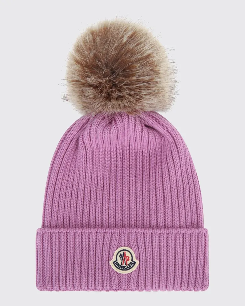 Moncler Rippstrick-Mütze für Jungen mit Bommel und Logo-Patch Lila