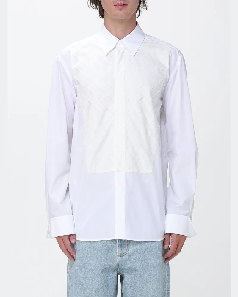 Bottega Veneta Baumwollhemd von mit gesticktem Intrecciato-Motiv und französischem Kragen Weiß
