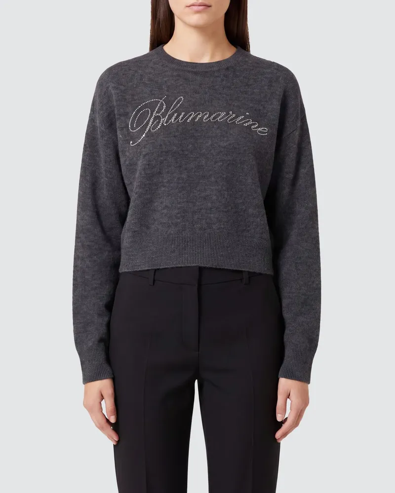 Blumarine Wollpullover mit Rundhalsausschnitt, Strass-Logo und überschnittenen Schultern Grau