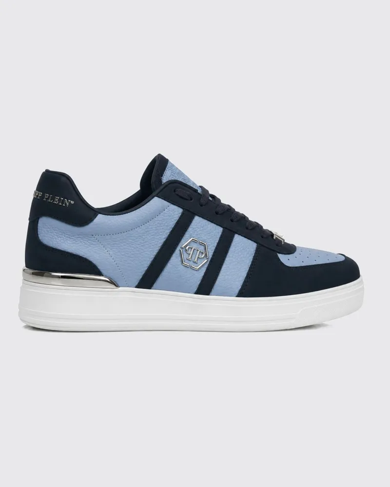 Philipp Plein Low-Top-Sneaker aus Leder mit Hexagon-Logo und runder Kappe Blau