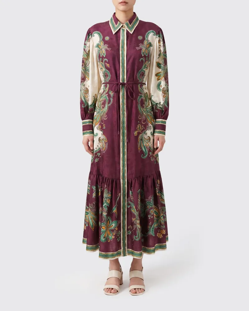 ALEMAIS Langes Hemdblusenkleid aus Seidenmischung von mit Ethno-Print und Ballonärmeln Bunt