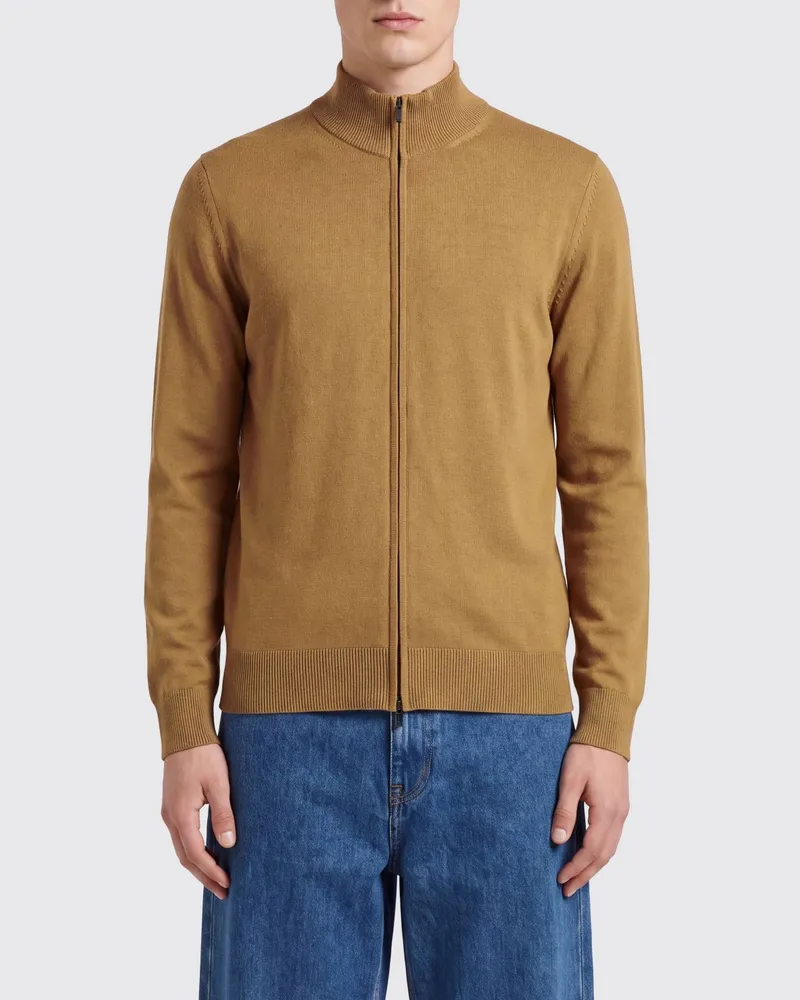 HUGO BOSS Slim-Fit Cardigan aus reiner Schurwolle mit Rollkragen und Reißverschluss von Braun