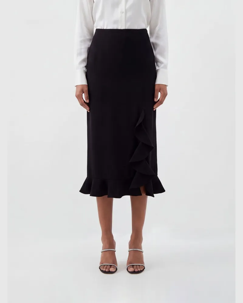 Moschino Hoch taillierter Midi-Bleistiftrock aus Crêpe mit Rüschen Schwarz