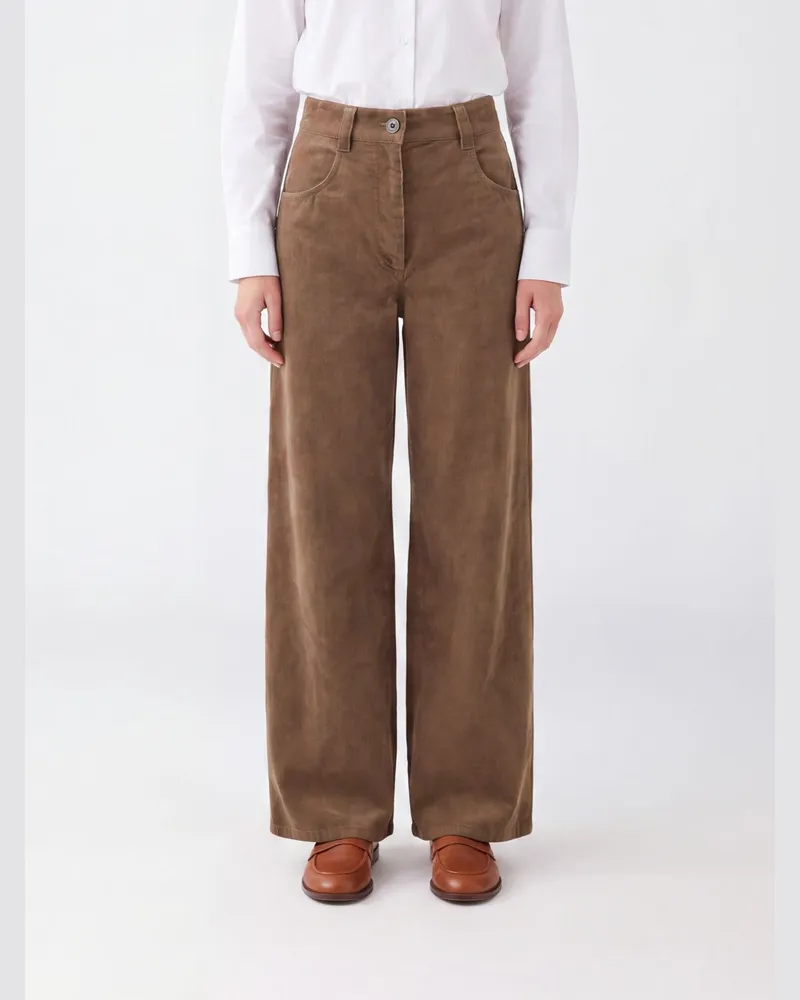 Brunello Cucinelli Wide-Leg Samthose mit Monili Kakao