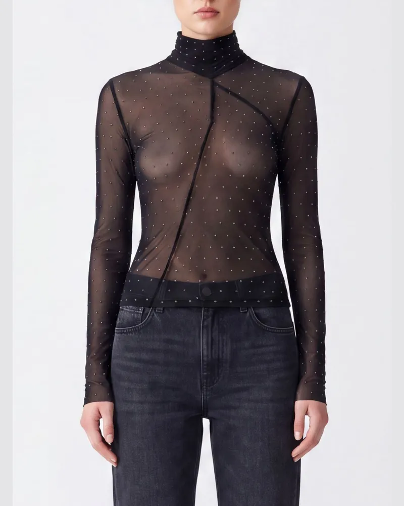 Liu Jo Slim-Fit-Rollkragentop aus transparentem Stoff mit Kristallstickerei Schwarz