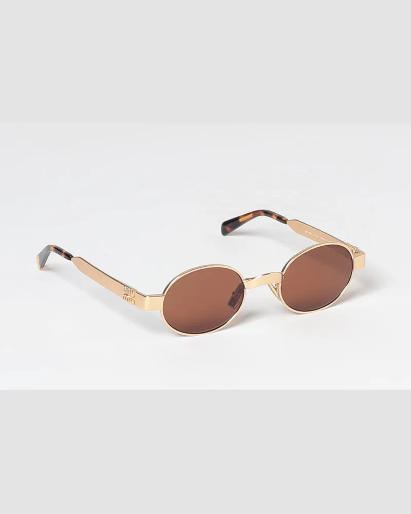 Miu Miu Runde Metallrahmen-Sonnenbrille mit eingeprägtem Logo Gold
