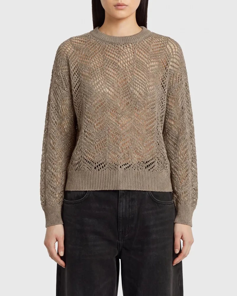 Brunello Cucinelli Pullover mit Rundhalsausschnitt aus durchbrochenem Mohair mit langen Ärmeln Grau