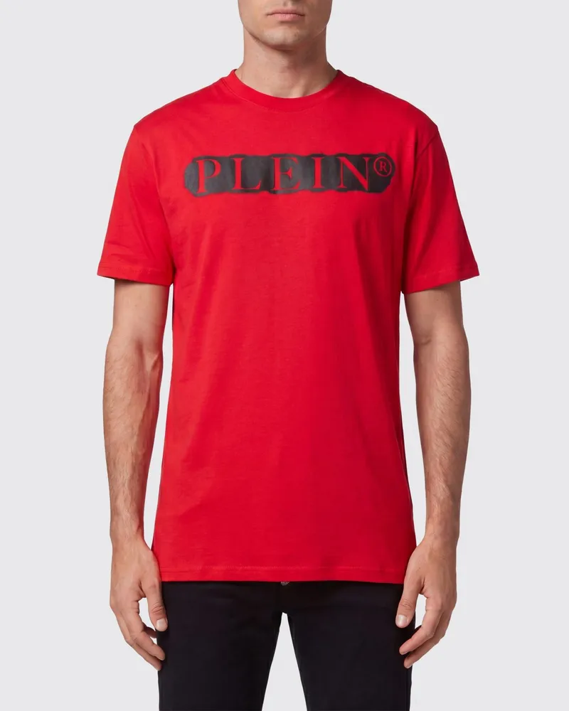 Philipp Plein Baumwoll-T-Shirt mit Rundhalsausschnitt und kontrastierendem Logo-Schriftzug-Print Rot