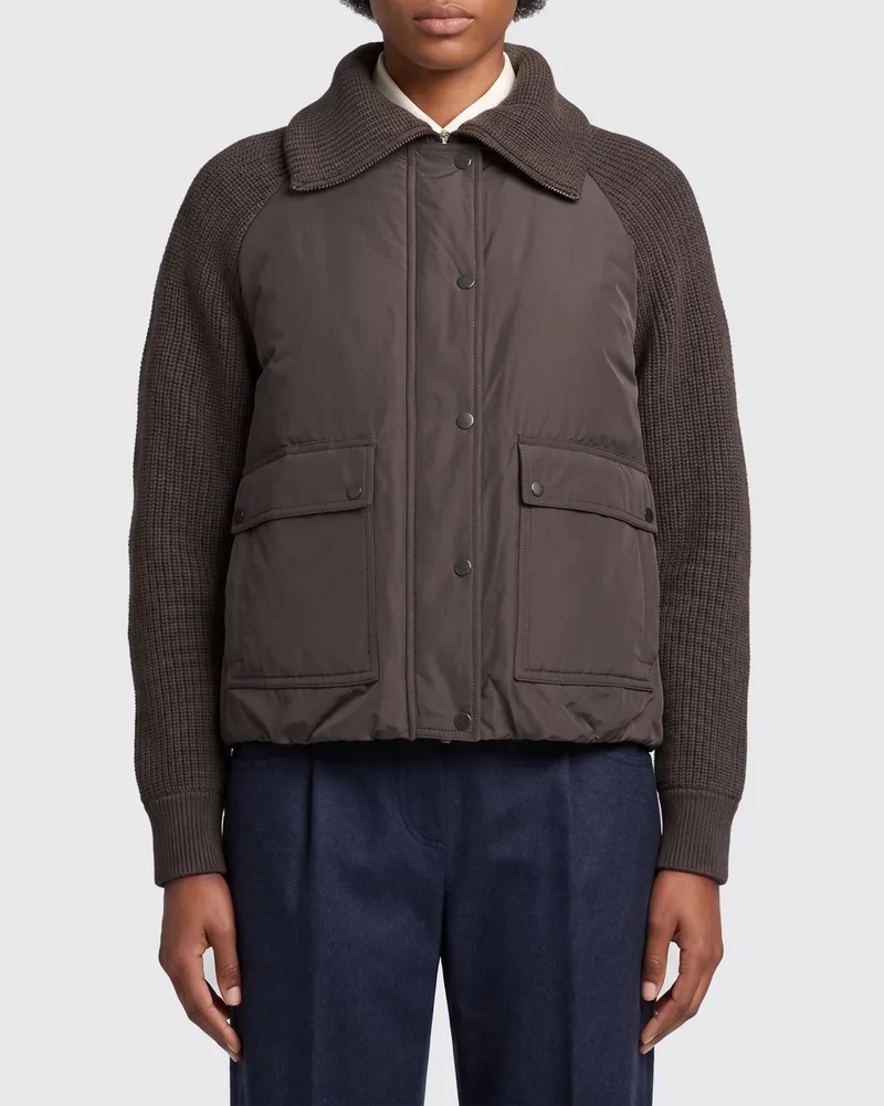 Brunello Cucinelli Gepolsterter Cardigan aus Wollstrick mit aufgesetzten Taschen Pflaume