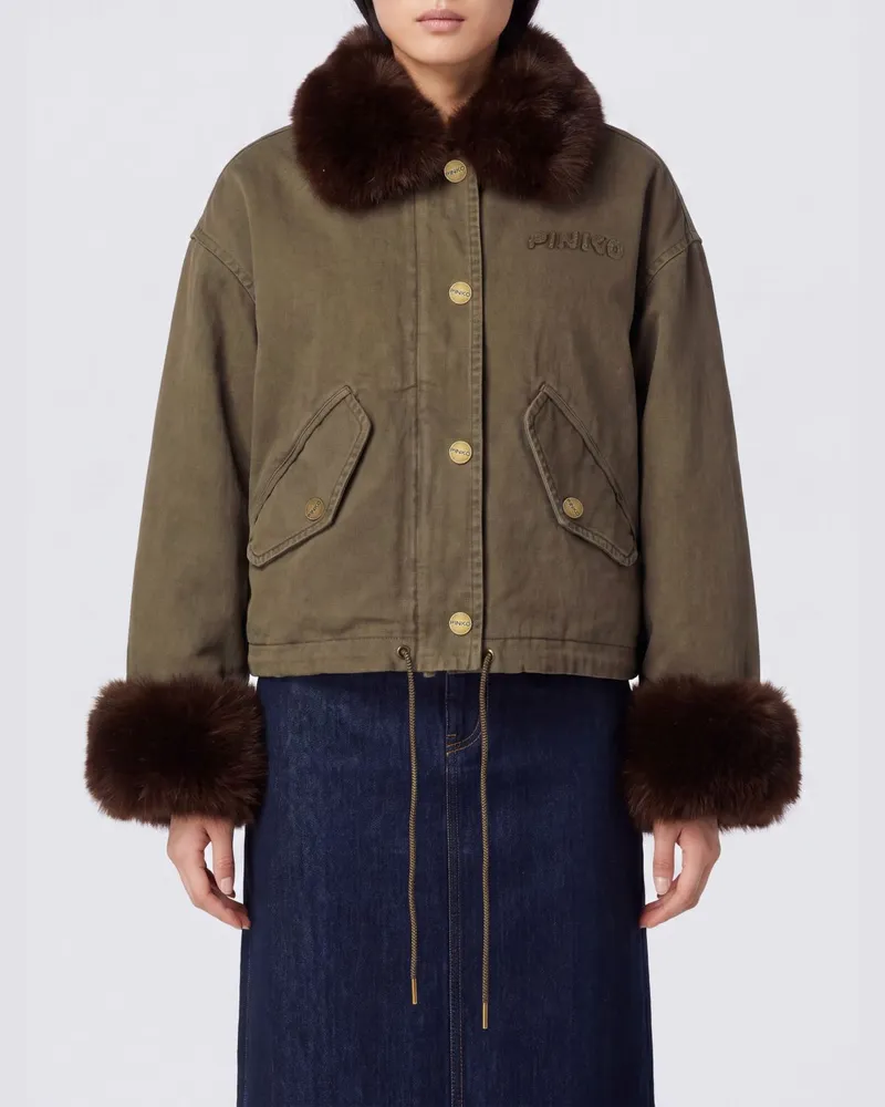 Pinko Kurzer Baumwollparka von mit Kunstpelzkragen und -bündchen Grün