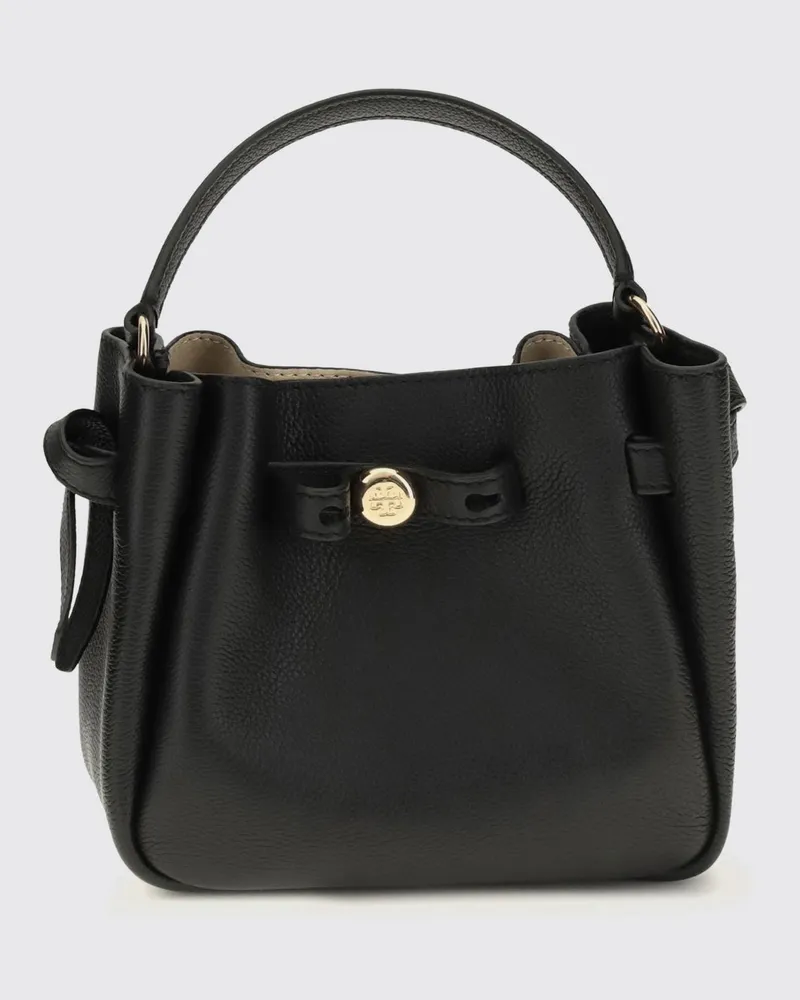 Tory Burch Romy Mini Bucket Bag aus genarbtem Leder mit Double T-Logo Schwarz