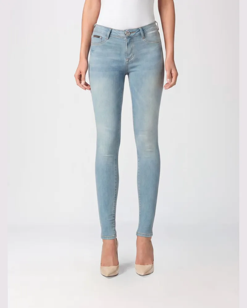 Philipp Plein Cropped Skinny-Jeans aus Stretch-Denim mit Hexagon-Logo Himmelblau