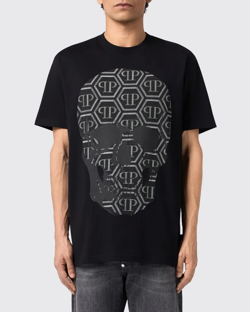 Philipp Plein Relaxed-Fit-T-Shirt aus Baumwolle mit Totenkopf-Print und Strass Schwarz