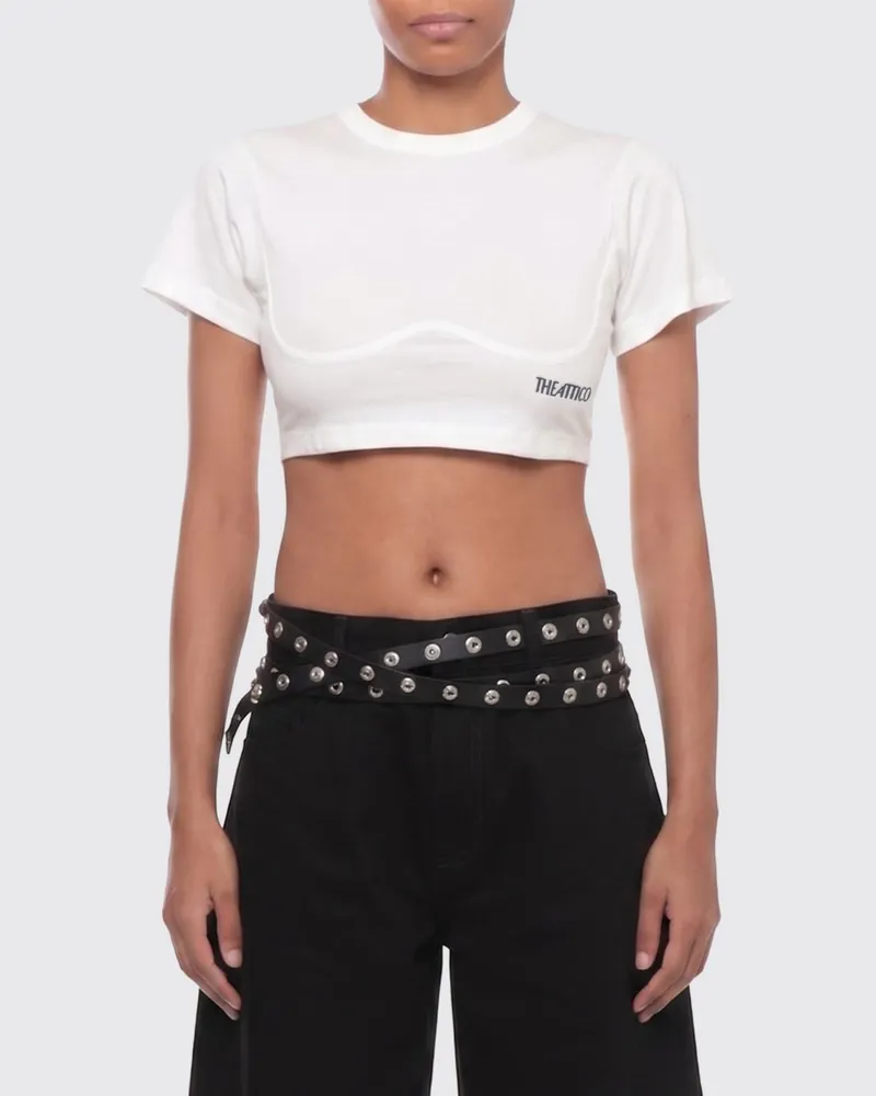 ATTICO Verkürztes Baumwoll-T-Shirt im Korsett-Stil von mit gesticktem Logo Weiß