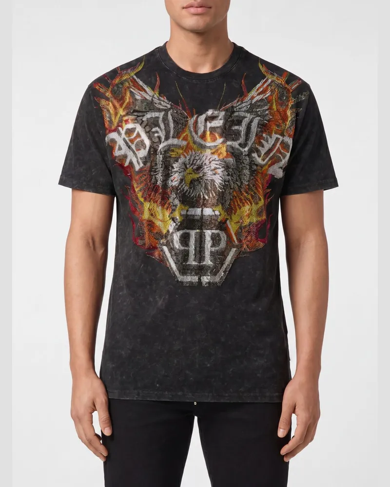Philipp Plein Baumwoll-T-Shirt mit Graffiti-Print und Strass-Logo Schwarz