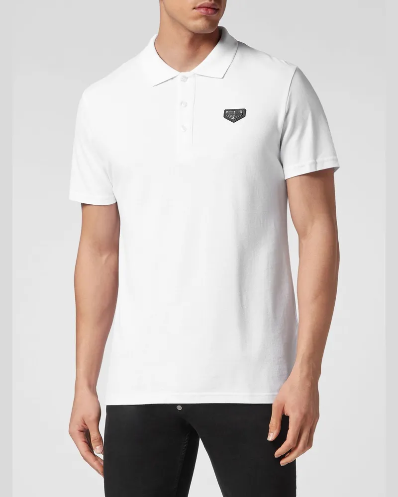 Philipp Plein Slim Fit Baumwoll-Poloshirt mit Hexagon-Logo und geripptem Kragen Weiß