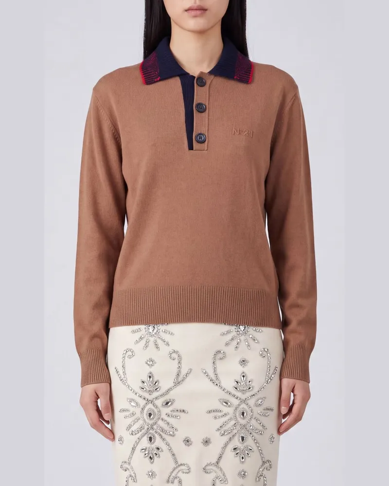 N° 21 Langärmeliges Poloshirt aus reiner Wolle mit Kontraststreifen Braun