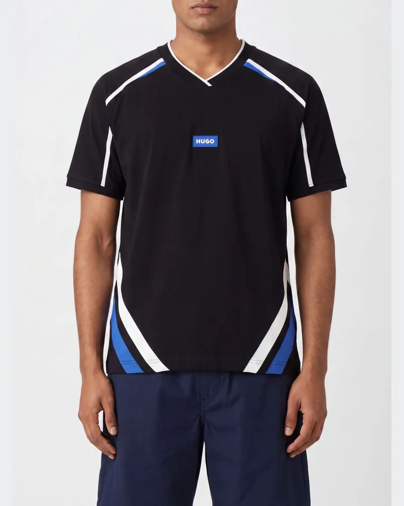 HUGO BOSS Gestreiftes Rundhals-T-Shirt aus reiner Baumwolle mit Kontrastlogo Schwarz