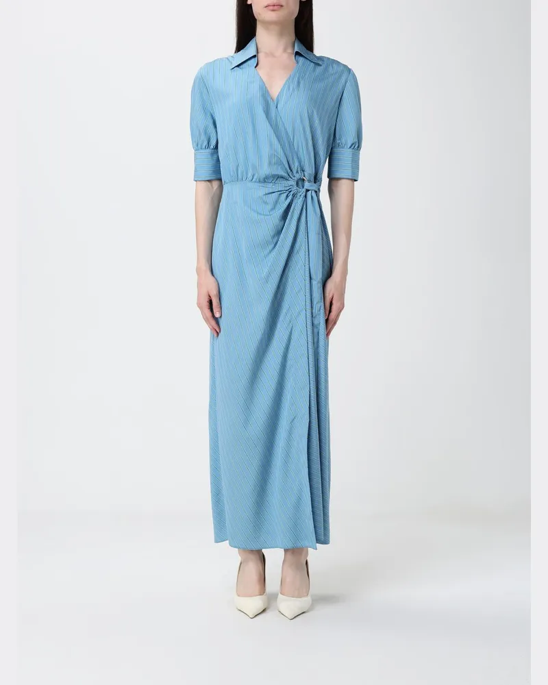 Pinko Gestreiftes Baumwoll-Hemdblusenkleid Hellblau