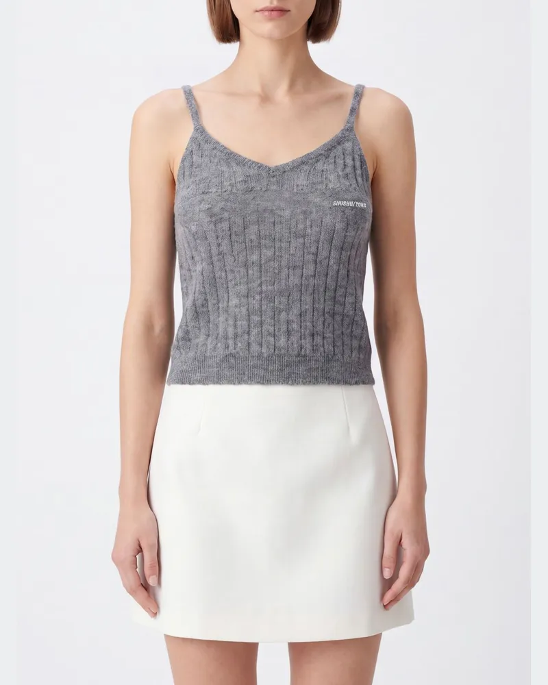 SHUSHU/TONG Geripptes Off-Shoulder-Stricktop mit V-Ausschnitt Grau