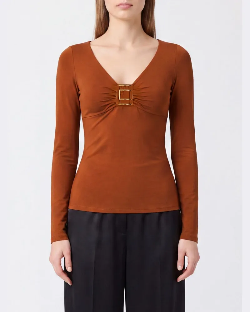 Elisabetta Franchi Langärmeliges Slim-Fit-Top aus Stretch-Viskose mit V-Ausschnitt Braun