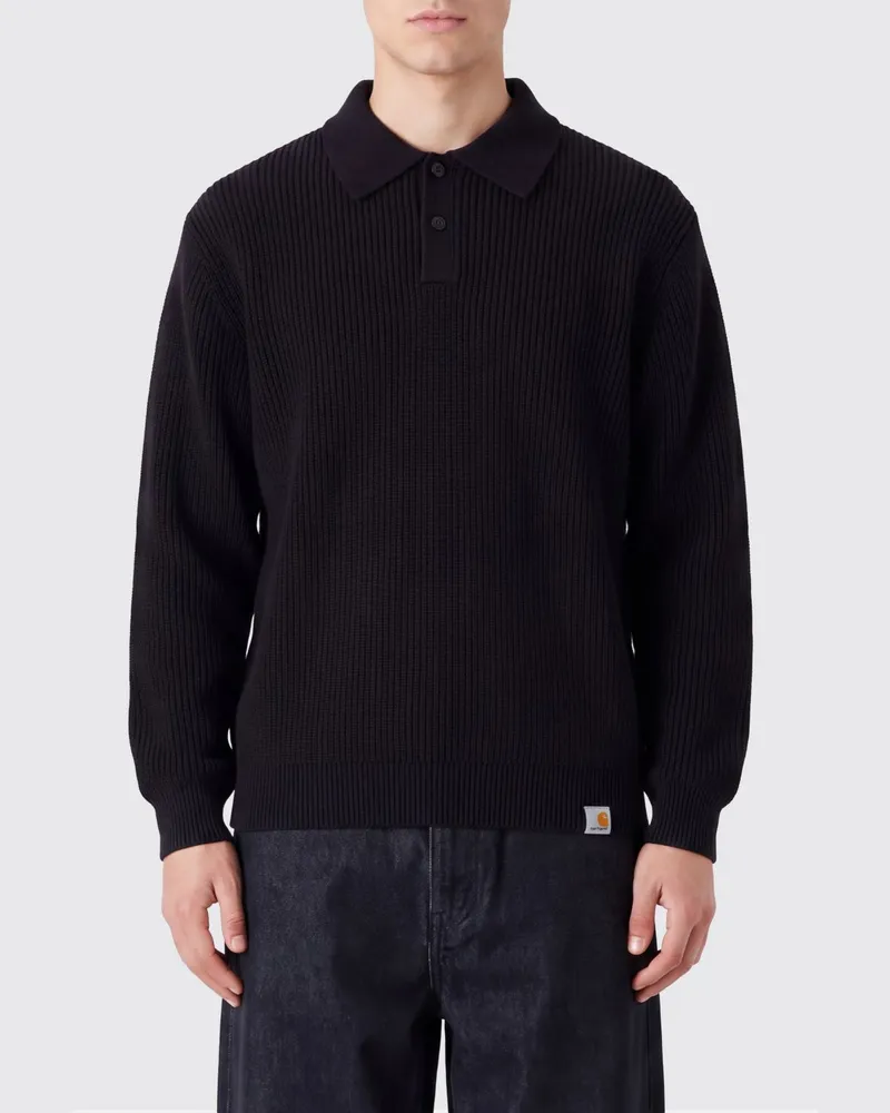 Carhartt WIP Langärmeliges Baumwollstrick-Poloshirt von mit geripptem Kragen Schwarz