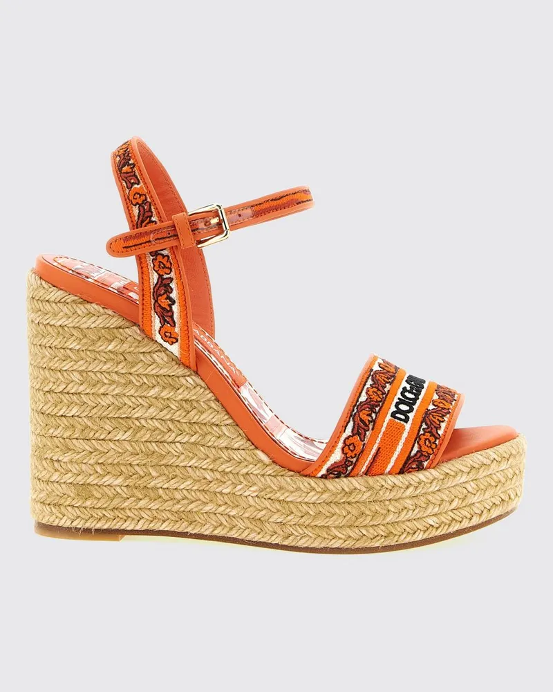 Dolce & Gabbana DOLCE  GABBANA Dolce & Gabbana Keilsandalen aus Canvas mit Majolika-Print Orange