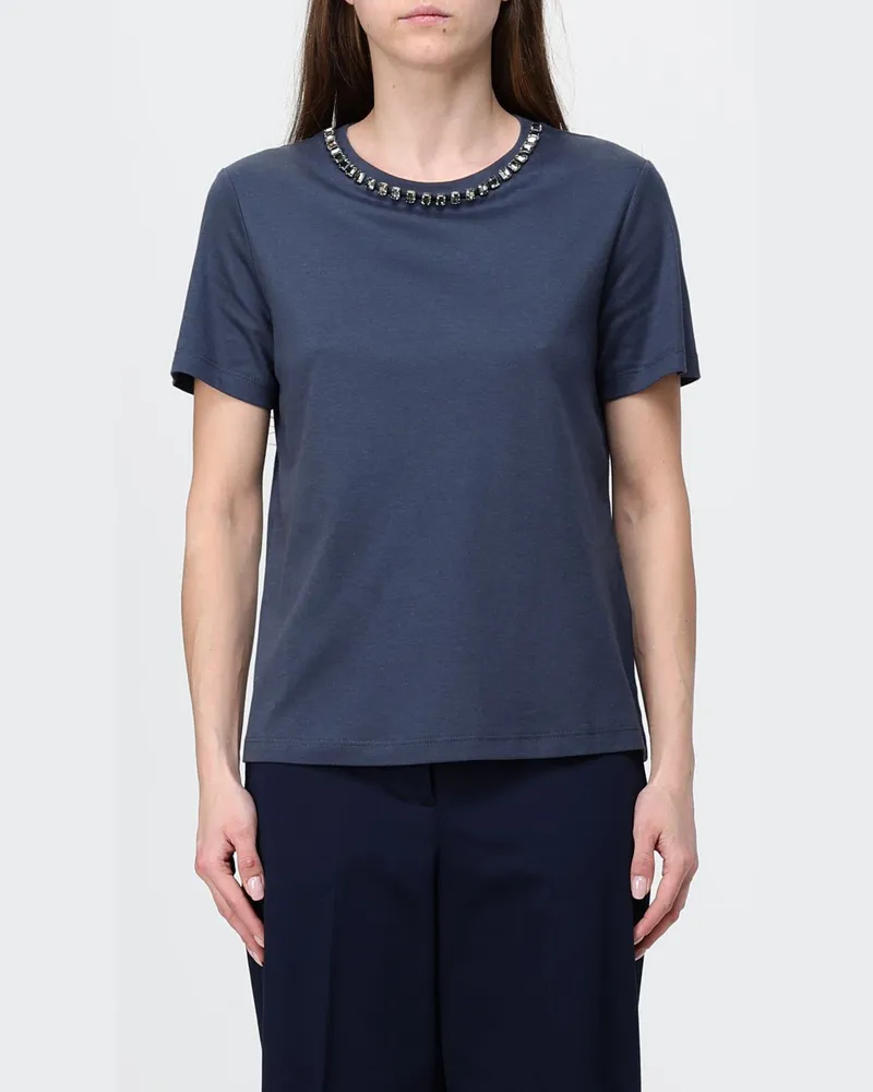 Max Mara Max Mara T-Shirt aus Baumwollmischung mit Kristallen Blau