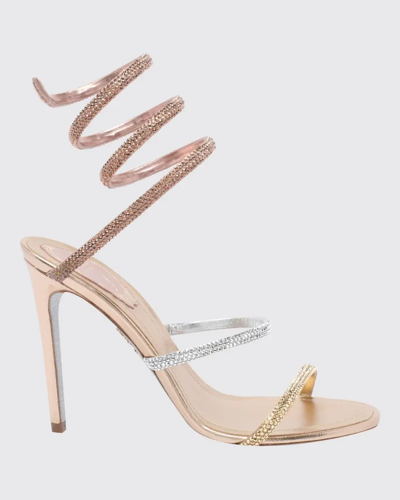 René Caovilla Cleo Sandalen aus laminiertem Stoff mit Strass und Snake-Riemen Gold