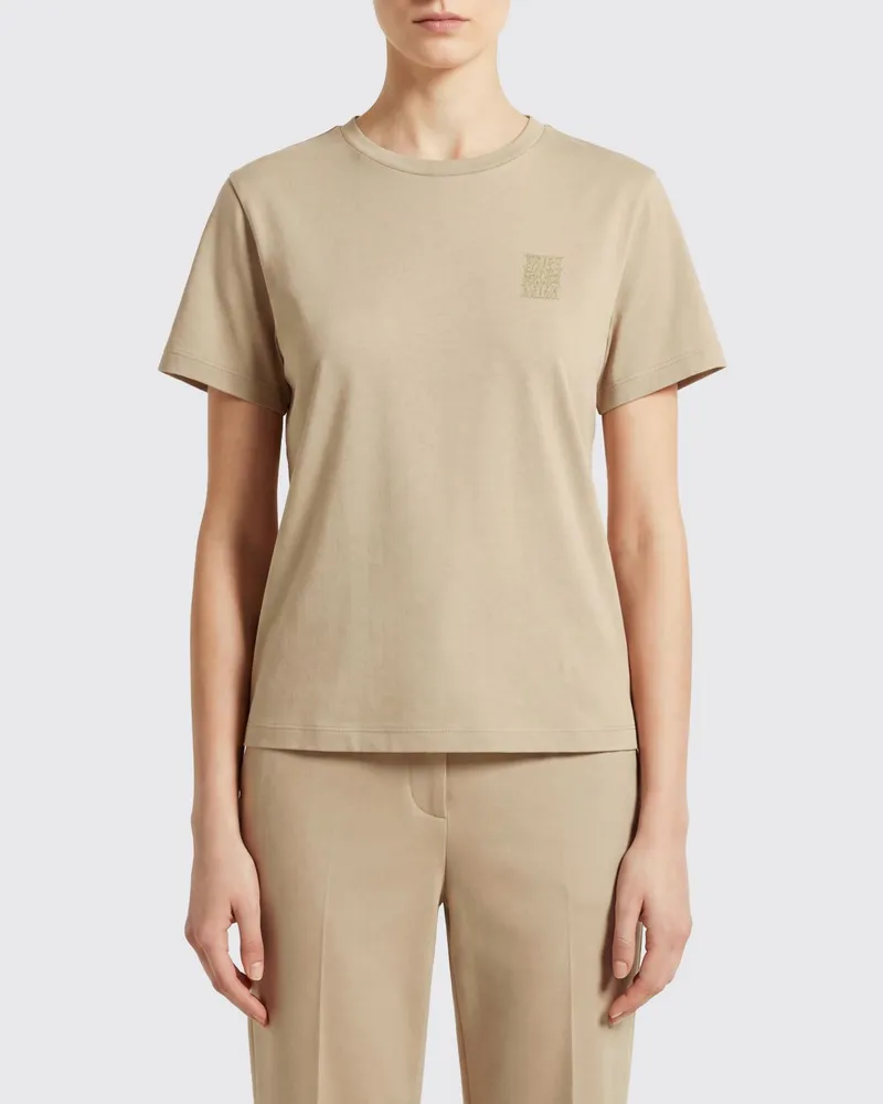 Max Mara Baumwollmischung-T-Shirt mit Rundhalsausschnitt und Ton-in-Ton-Logo Grau