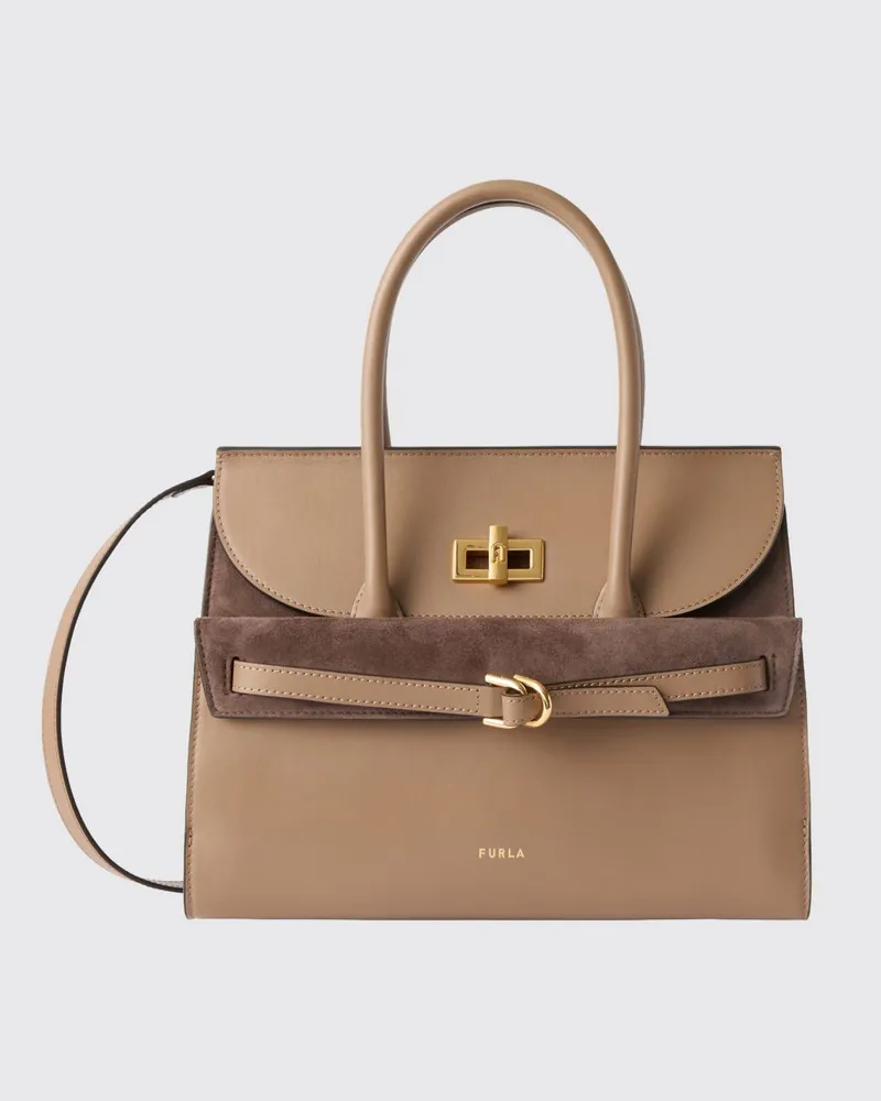 Furla Handtasche aus Glatt- und Wildleder mit doppeltem Henkel Kaffee
