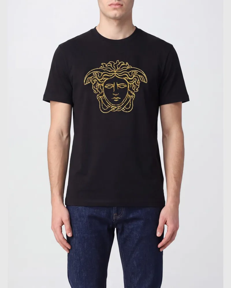 Versace Slim Fit T-Shirt aus Baumwolle mit Medusa-Grafikprint Schwarz