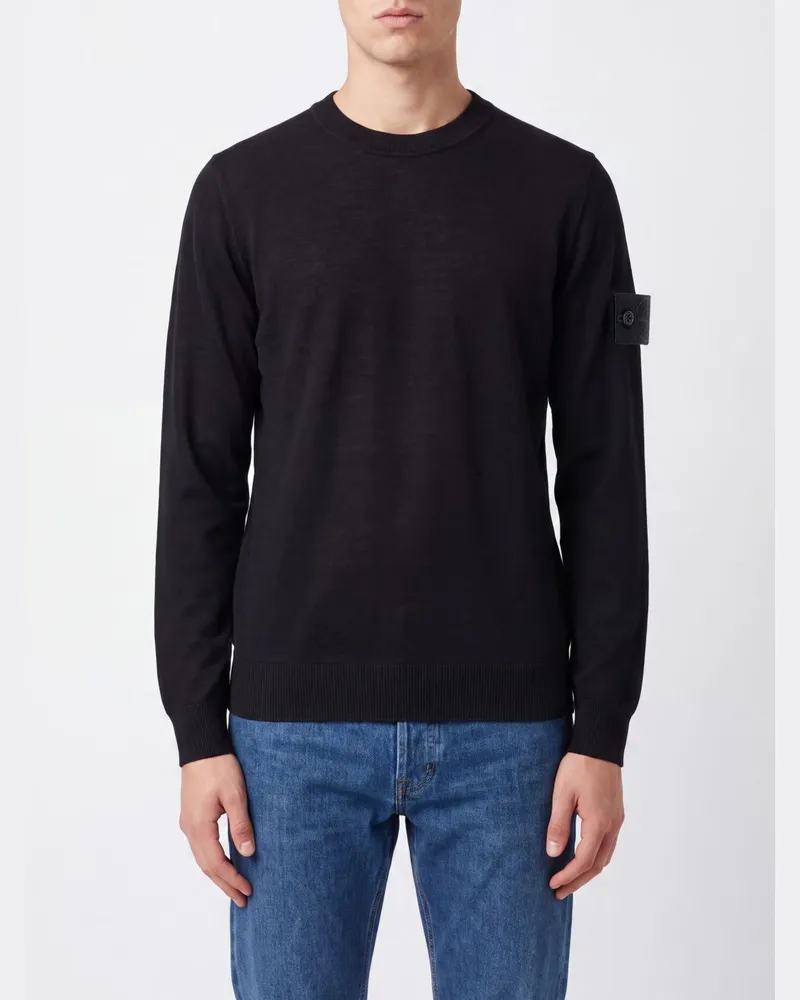 Stone Island Rundhalspullover aus reiner Schurwolle mit Compass-Logo-Patch Schwarz