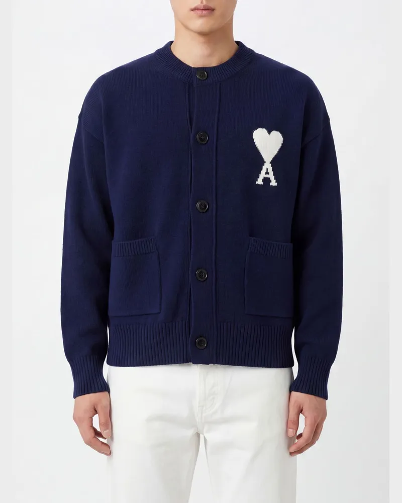 AMI Paris Cardigan aus Woll- und Baumwollmischung mit kontrastierendem Jacquard-Logo Blau