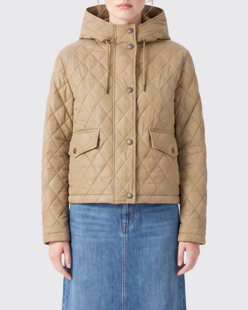 Burberry Gesteppte kurze Daunenjacke aus Nylon mit Kapuze und aufgesetzten Taschen Beige