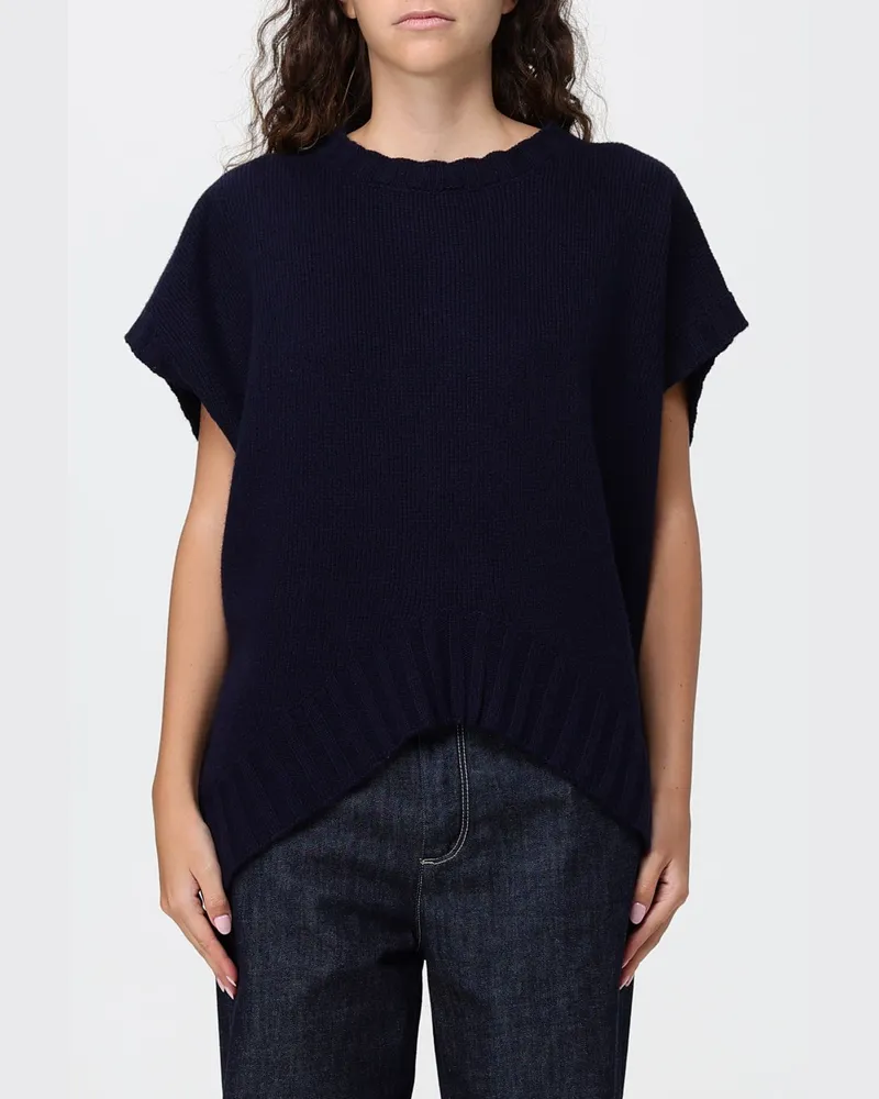 Twin-Set Kurzärmliger Pullover aus Wolle und Kaschmir mit asymmetrischem Saum Navy