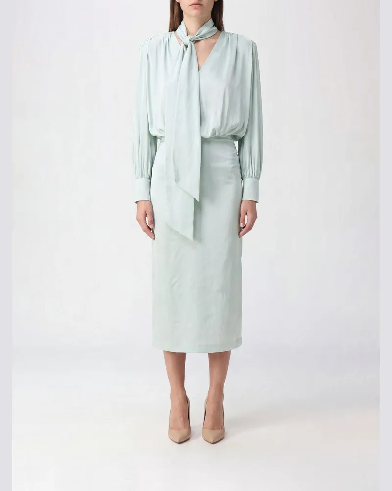 ROTATE Birger Christensen Midi-Etuikleid aus recyceltem Satin mit Schalkragen Blau