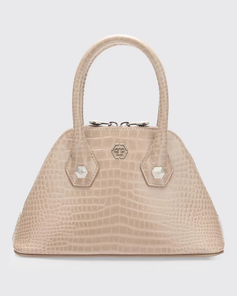 Philipp Plein Handtasche aus Kalbsleder mit Krokodil-Print und Hexagon-Logo Beige