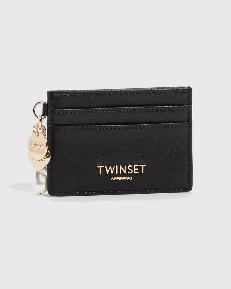 Twin-Set Kartenetui aus Kunstleder mit metallischem Logo und Anhänger Schwarz