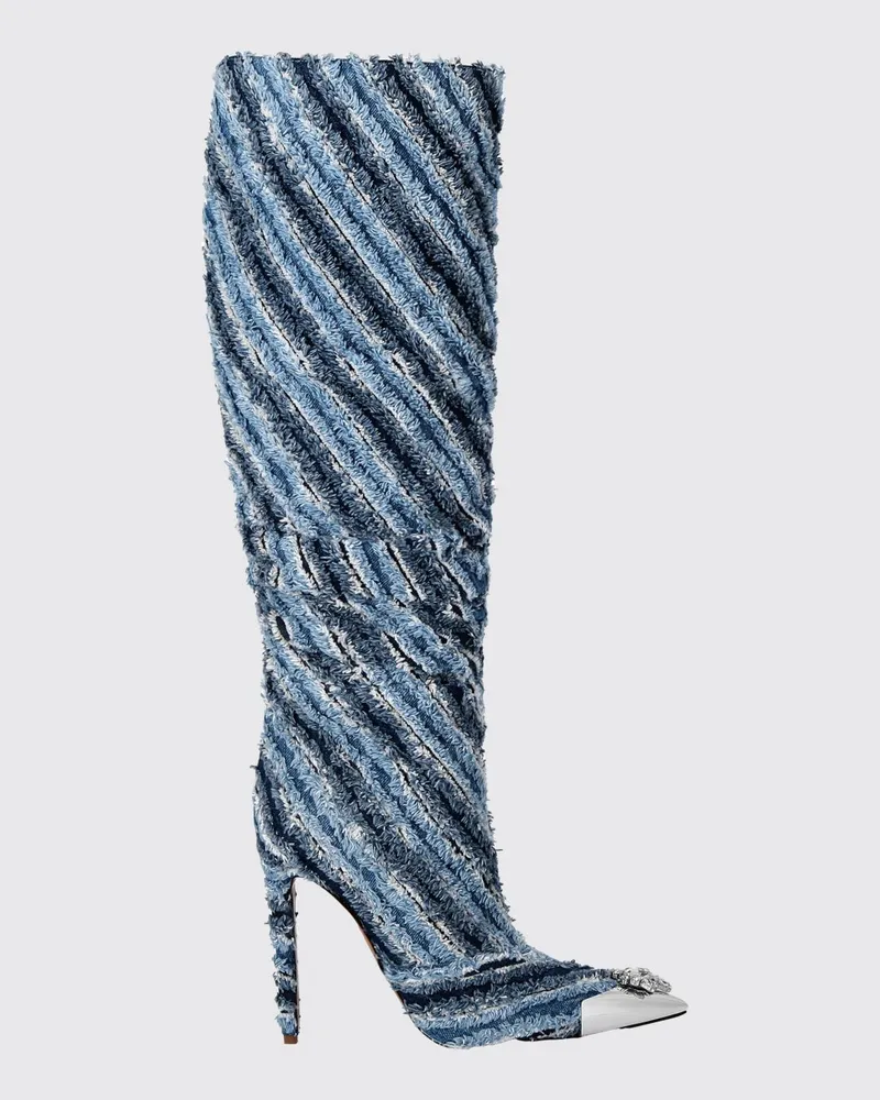 Philipp Plein Kniehohe Stiefel aus gestreiftem Denim mit Kristallen Türkis