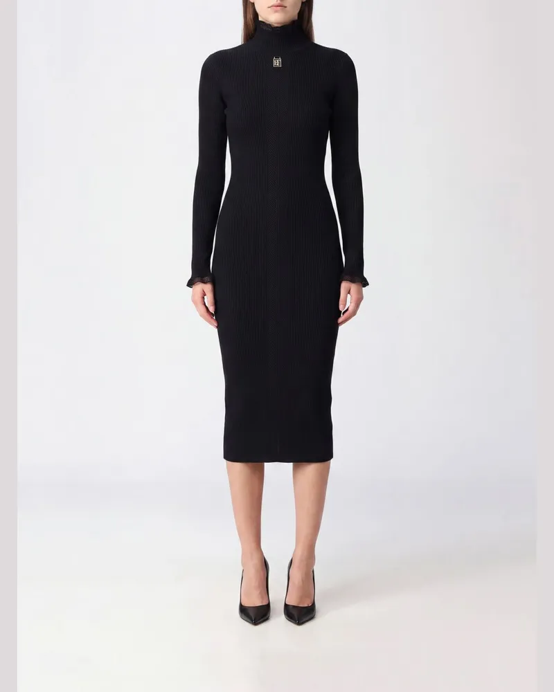 Elisabetta Franchi Slim-Fit-Midikleid aus Strick mit Rollkragen Schwarz