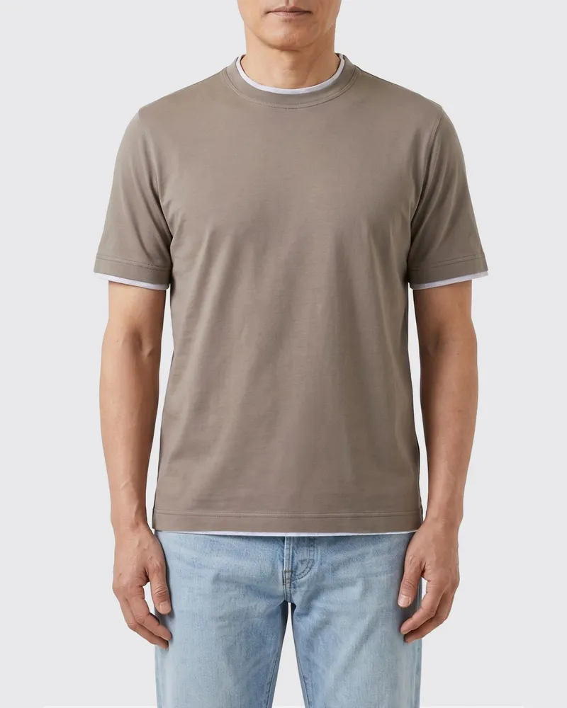 Brunello Cucinelli Baumwoll-Rundhals-T-Shirt mit Kontrasten Kaki