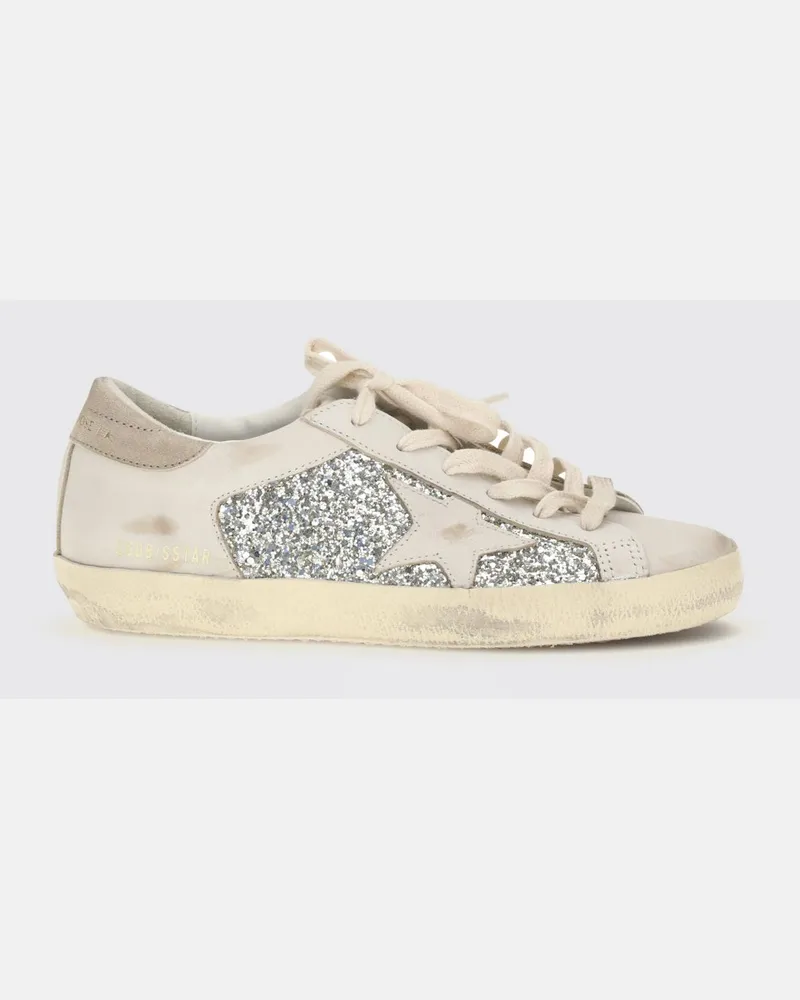 Golden Goose Super-Star Low-Top-Sneaker aus Leder und Glitter mit Used-Effekt Silber